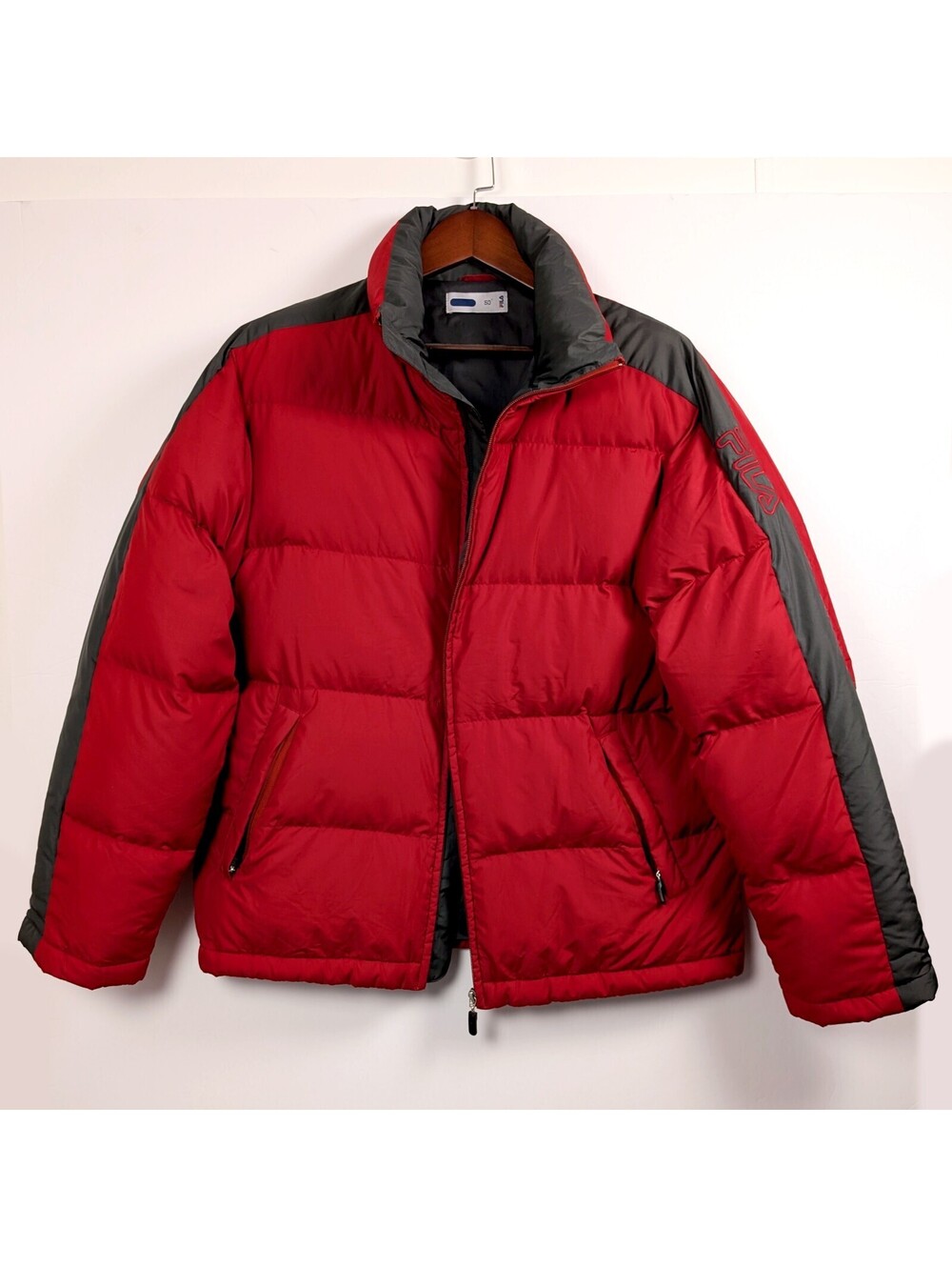 FILA Mens Size 50 Red Gray Duck Down Puffer Jacket Spellout Winter Coat